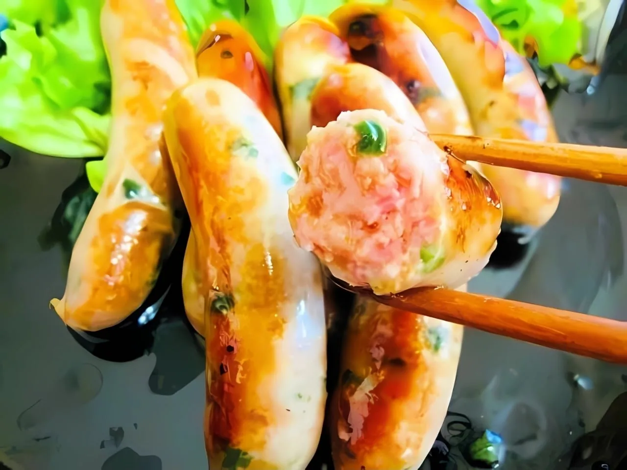 箸で持ち上げた成瀬ギョーザの断面。豚肉と野菜の餡が詰まっています。